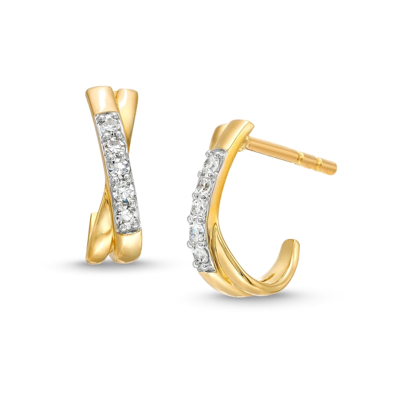 Main Image 1 of 1/10 CT. T.W. Lab-Grown Diamond Criss-Cross J-Hoop Earrings in 10K Gold