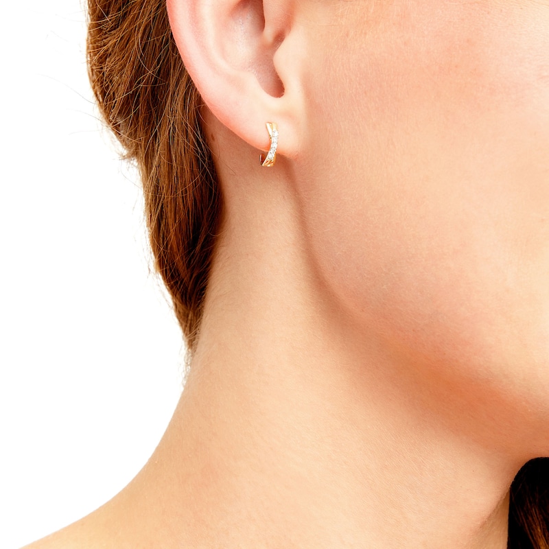 Main Image 2 of 1/10 CT. T.W. Lab-Grown Diamond Criss-Cross J-Hoop Earrings in 10K Gold