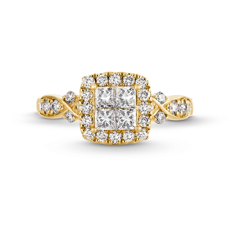 Main Image 4 of 1 CT. T.W. Quad Princess-Cut Diamond Cushion-Shaped Frame Twist Shank Engagement Ring in 14K Gold