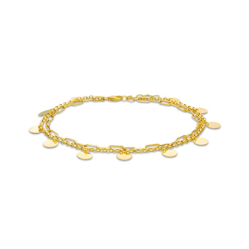 Main Image 1 of Dangle Disc Rolo Chain and Paper Clip Chain Double Strand Anklet in Hollow 10K Gold - 10"