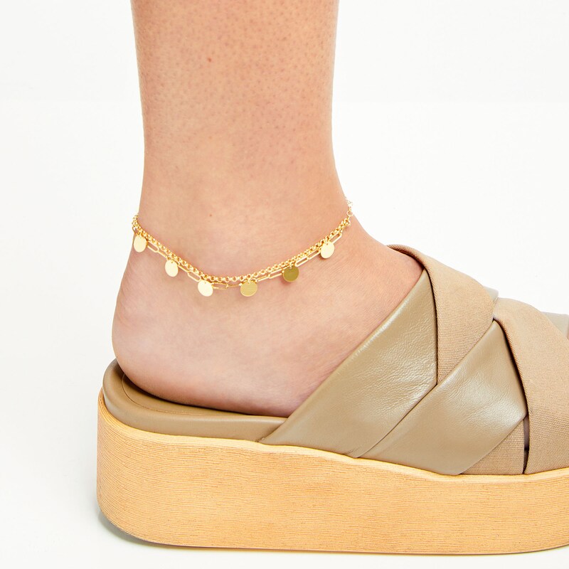 Main Image 2 of Dangle Disc Rolo Chain and Paper Clip Chain Double Strand Anklet in Hollow 10K Gold - 10"
