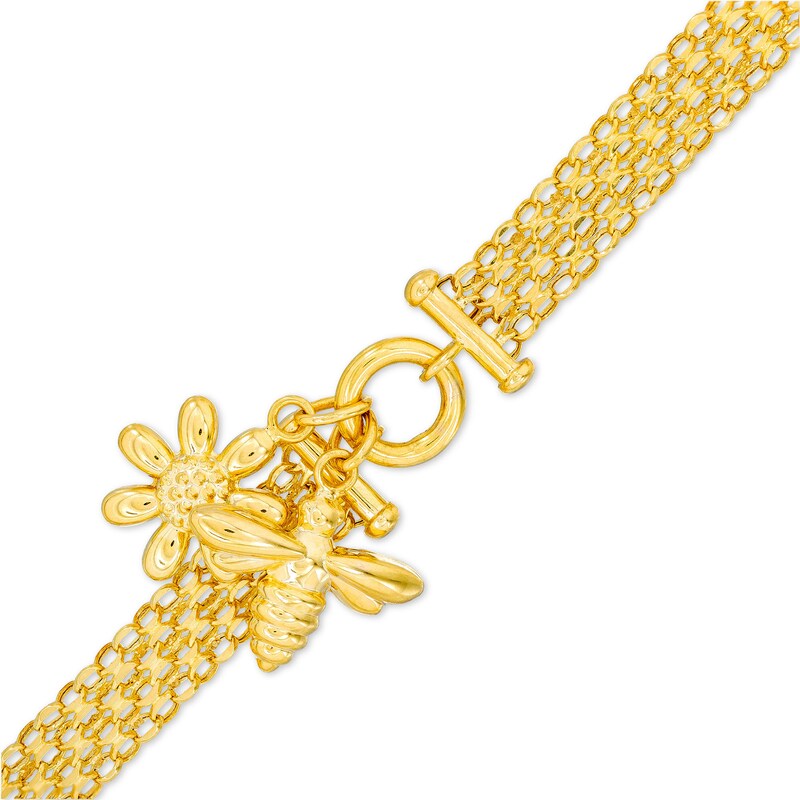 Main Image 1 of 5.5mm Bismark Chain with Bee and Flower Charms Bracelet in Hollow 10K Gold