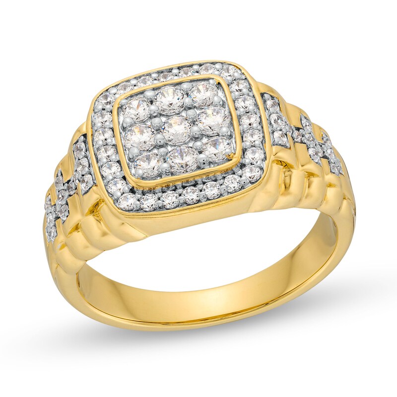 Main Image 1 of Men's 1 CT. T.W. Square Multi-Diamond Cushion Frame Ribbed Shank Ring in 10K Gold