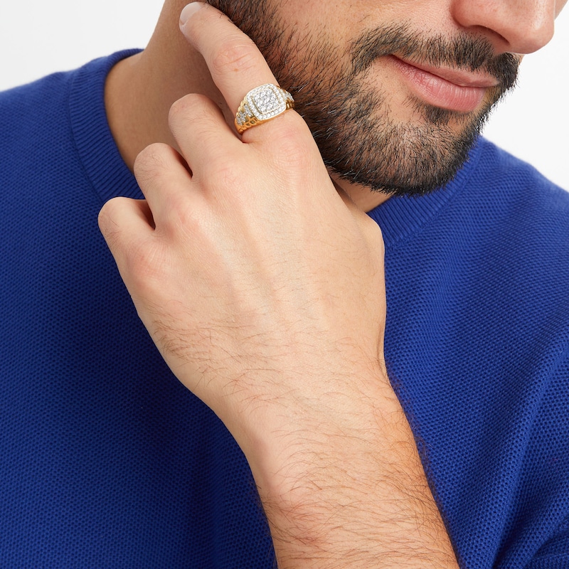Main Image 2 of Men's 1 CT. T.W. Square Multi-Diamond Cushion Frame Ribbed Shank Ring in 10K Gold