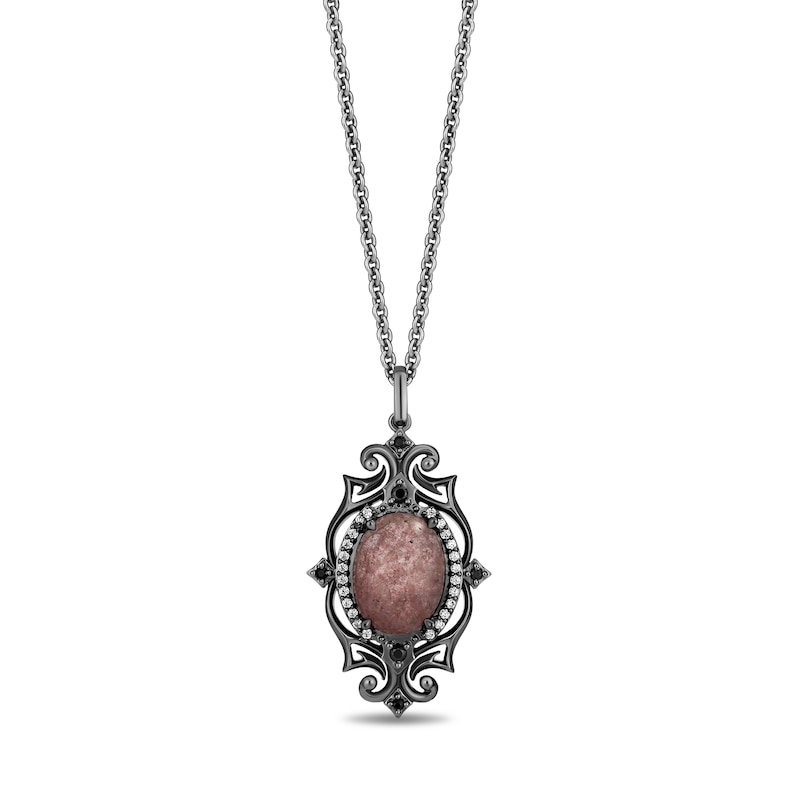 Main Image 1 of Enchanted Disney Villains Maleficent Rose Quartz and 1/5 CT. T.W. Diamond Mirror Pendant in Black Sterling Silver - 19"