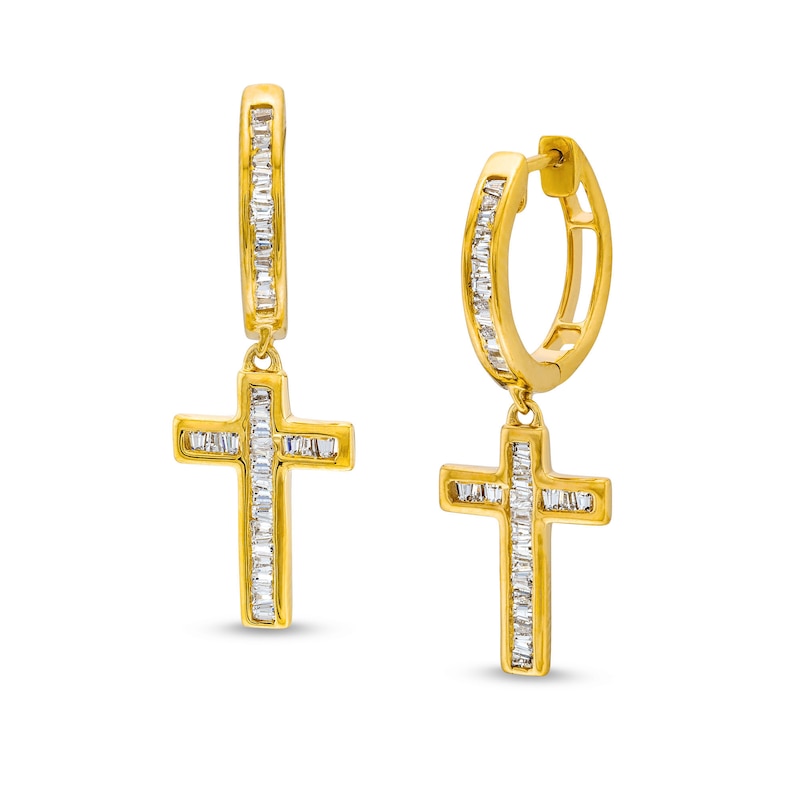 Main Image 1 of Men's 3/8 CT. T.W. Diamond Cross Dangle Hoop Earrings in 10K Gold