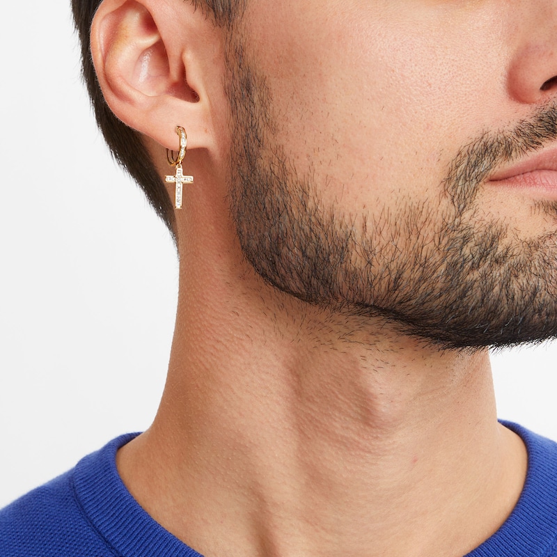 Main Image 2 of Men's 3/8 CT. T.W. Diamond Cross Dangle Hoop Earrings in 10K Gold