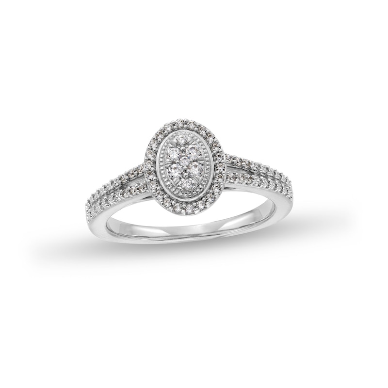 Main Image 1 of 1/4 CT. T.W. Oval Multi-Diamond Frame Split Shank Promise Ring in 10K White Gold