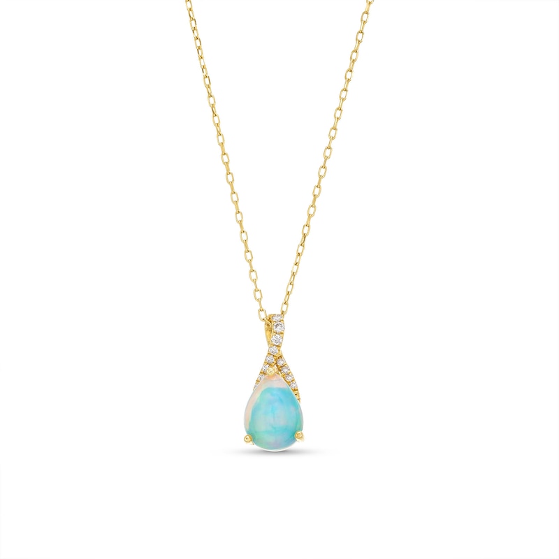 Main Image 1 of Pear-Shaped Opal and 1/20 CT. T.W. Diamond Ribbon Pendant in 10K Gold