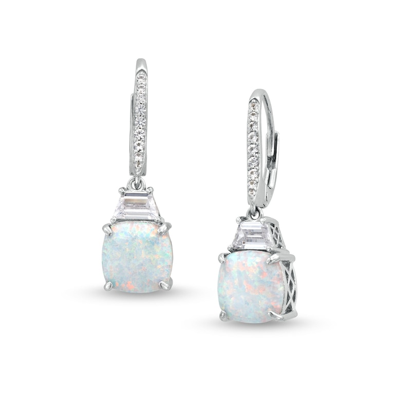 Main Image 1 of Cushion-Shaped Lab-Created Opal and White Lab-Created Sapphire Dangle Drop Earrings in Sterling Silver
