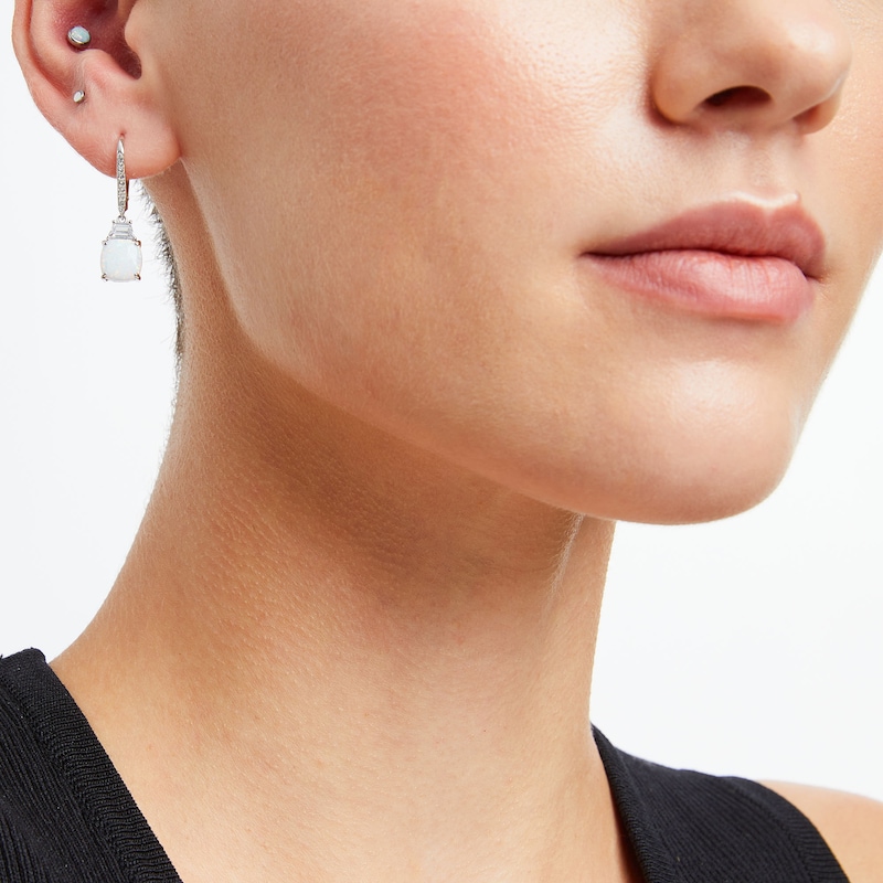 Main Image 2 of Cushion-Shaped Lab-Created Opal and White Lab-Created Sapphire Dangle Drop Earrings in Sterling Silver