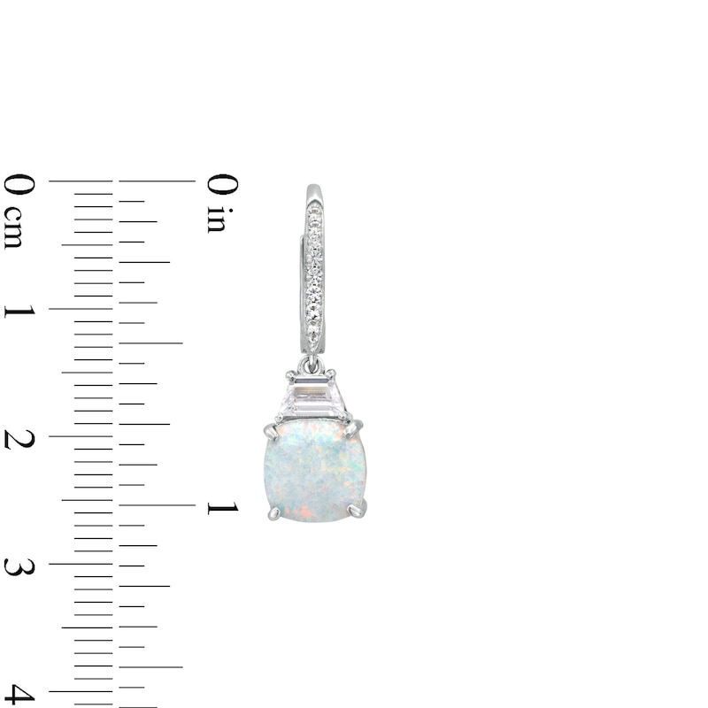 Main Image 3 of Cushion-Shaped Lab-Created Opal and White Lab-Created Sapphire Dangle Drop Earrings in Sterling Silver