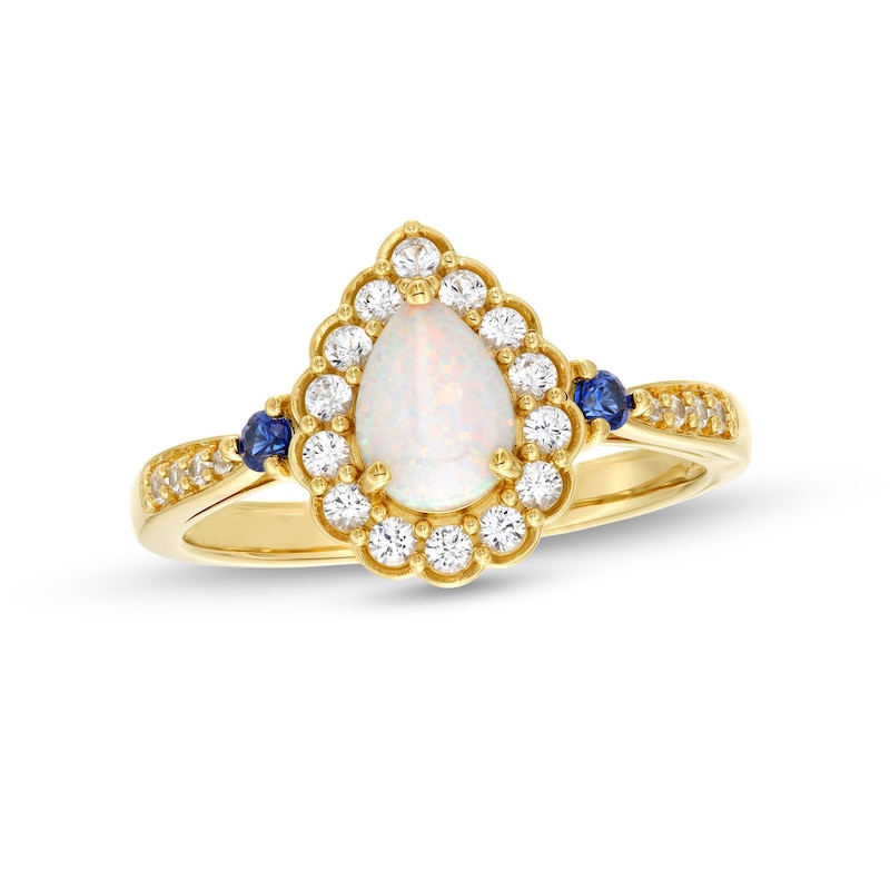 Pear-Shaped Lab-Created Opal and Lab-Created Sapphire Scallop Frame Ring in Sterling Silver with 14K Gold Plate - Size 7