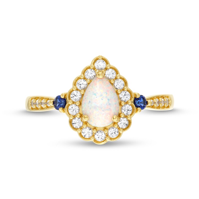 Main Image 4 of Pear-Shaped Lab-Created Opal and Lab-Created Sapphire Scallop Frame Ring in Sterling Silver with 14K Gold Plate - Size 7