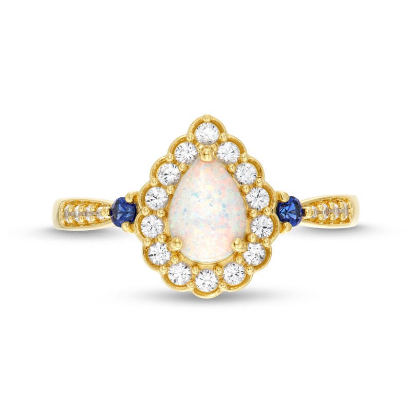 Pear-Shaped Lab-Created Opal and Lab-Created Sapphire Scallop Frame Ring in Sterling Silver with 14K Gold Plate - Size 7