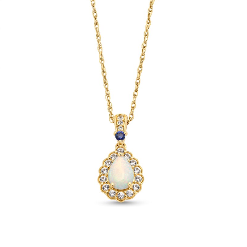 Main Image 1 of Pear-Shaped Lab-Created Opal and Lab-Created Sapphire Scallop Frame Pendant in Sterling Silver with 14K Gold Plate