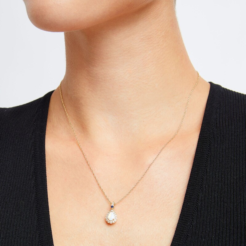 Main Image 2 of Pear-Shaped Lab-Created Opal and Lab-Created Sapphire Scallop Frame Pendant in Sterling Silver with 14K Gold Plate