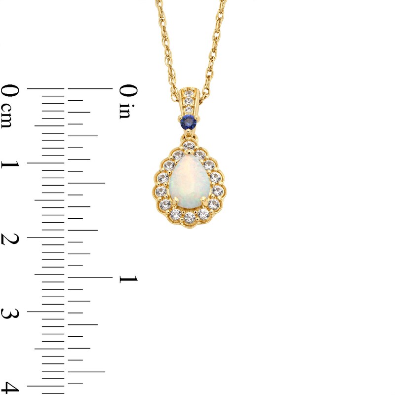 Main Image 3 of Pear-Shaped Lab-Created Opal and Lab-Created Sapphire Scallop Frame Pendant in Sterling Silver with 14K Gold Plate