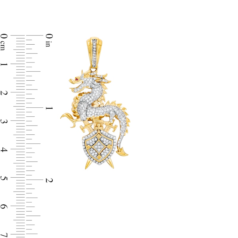 Main Image 2 of 1/2 CT. T.W. Diamond Dragon, Shield and Swords Crest Necklace Charm in 10K Gold