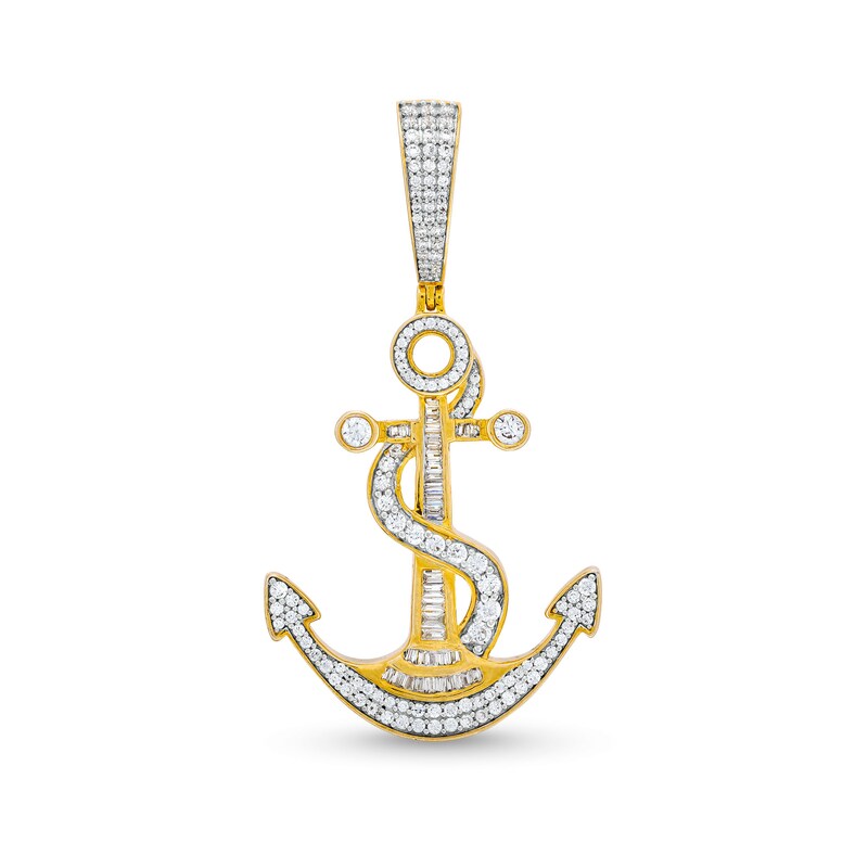 Main Image 1 of Men's 1 CT. T.W. Baguette and Round Diamond Anchor Necklace Charm in 10K Gold