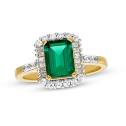Emerald-Cut Lab-Created Emerald and White Lab-Created Sapphire Frame Ring in Sterling Silver with 18K Gold Plate