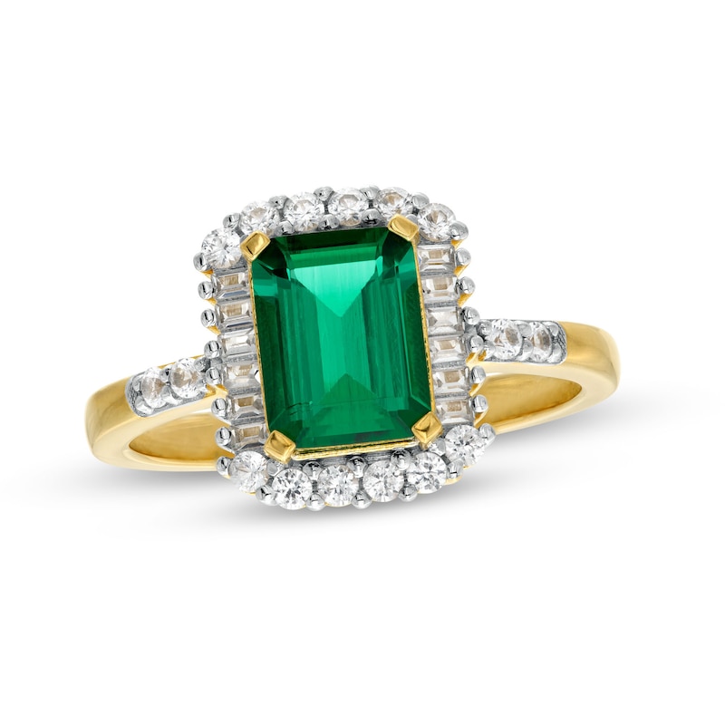 Main Image 1 of Emerald-Cut Lab-Created Emerald and White Lab-Created Sapphire Frame Ring in Sterling Silver with 18K Gold Plate