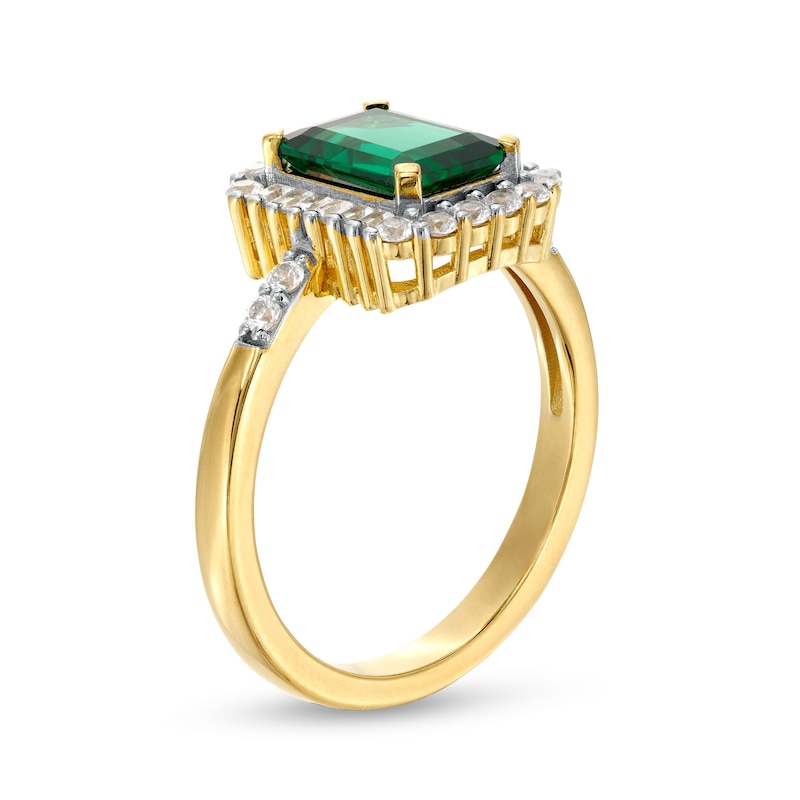 Emerald-Cut Lab-Created Emerald and White Lab-Created Sapphire Frame Ring in Sterling Silver with 18K Gold Plate