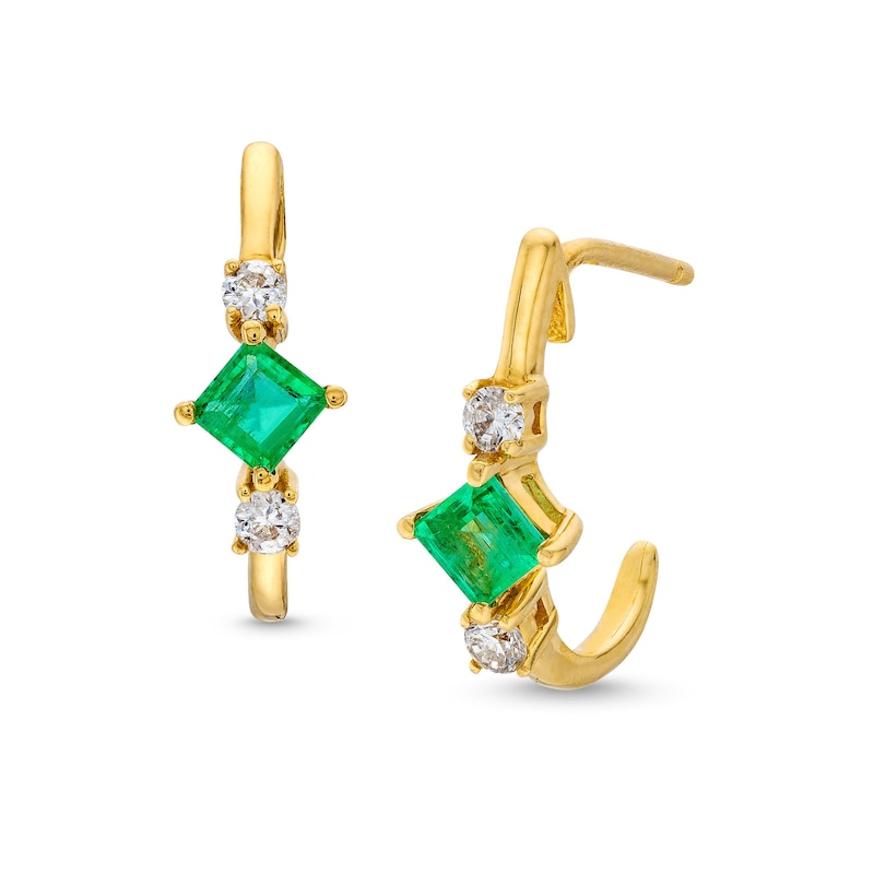Main Image 1 of Tilted Princess-Cut Emerald and 1/8 CT. T.W. Diamond J-Hoop Earrings in 10K Gold