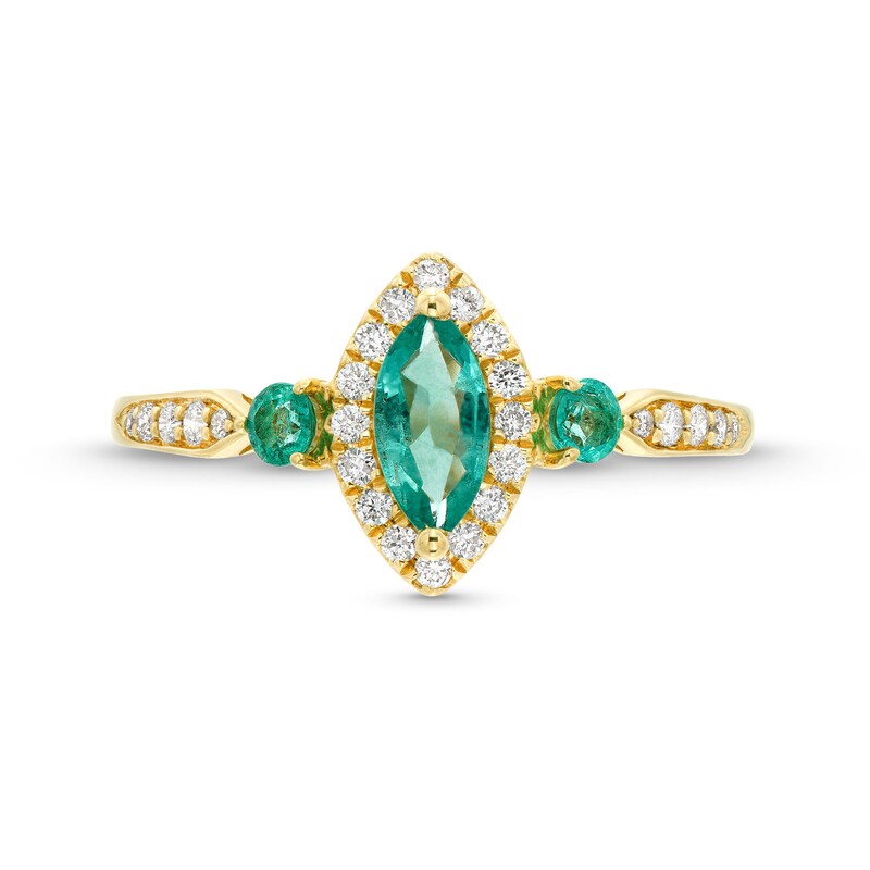 Main Image 4 of Marquise-Cut Emerald and 1/6 CT. T.W. Diamond Frame Three Stone Ring in 10K Gold