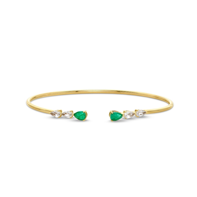 Pear-Shaped Emerald and White Topaz Open Bangle in 10K Gold - 7.25"