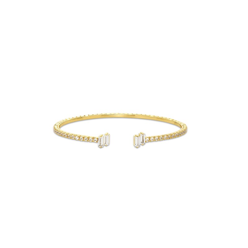 Main Image 1 of Baguette-Cut White Lab-Created Sapphire Zig-Zag Open Bangle in Sterling Silver with 18K Gold Plate - 6.75"