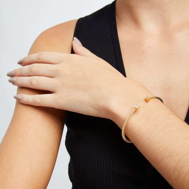 Main Image 2 of Baguette-Cut White Lab-Created Sapphire Zig-Zag Open Bangle in Sterling Silver with 18K Gold Plate - 6.75"