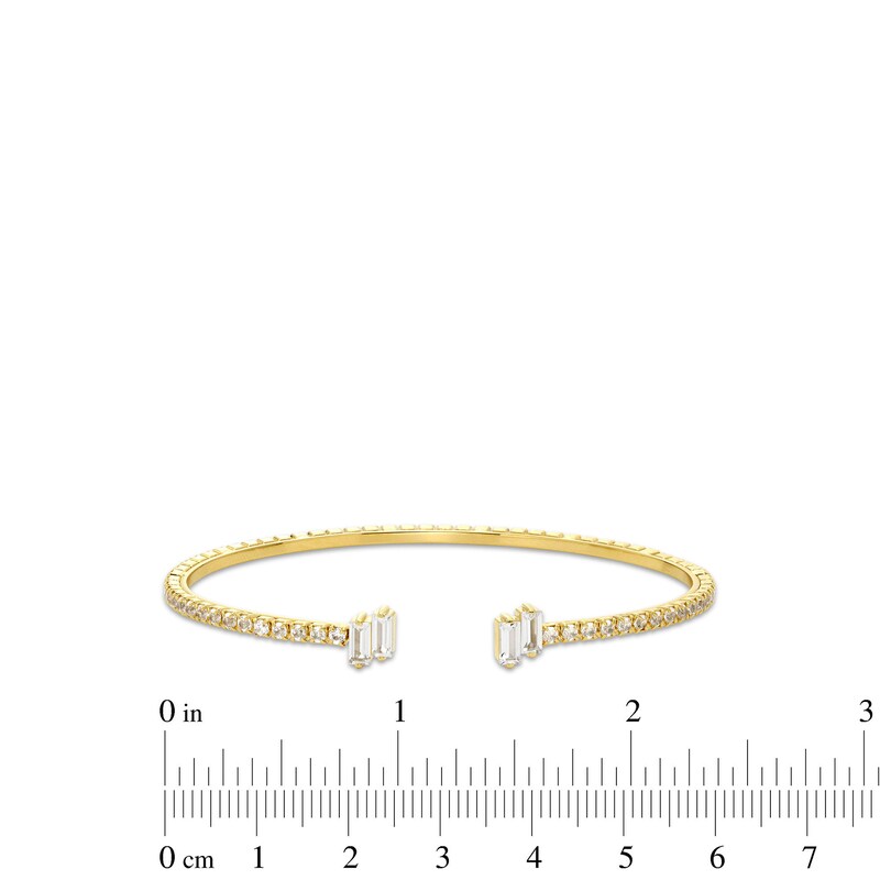 Main Image 3 of Baguette-Cut White Lab-Created Sapphire Zig-Zag Open Bangle in Sterling Silver with 18K Gold Plate - 6.75"