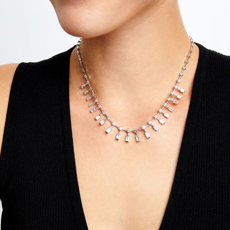 Main Image 2 of Baguette-Cut White Lab-Created Sapphire Cleopatra-Style Necklace in Sterling Silver - 16.5"