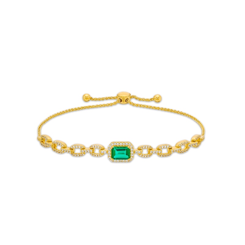 Lab-Created Emerald and White Lab-Created Sapphire Link Bolo Bracelet in Sterling Silver with 18K Gold Plate - 9.0"