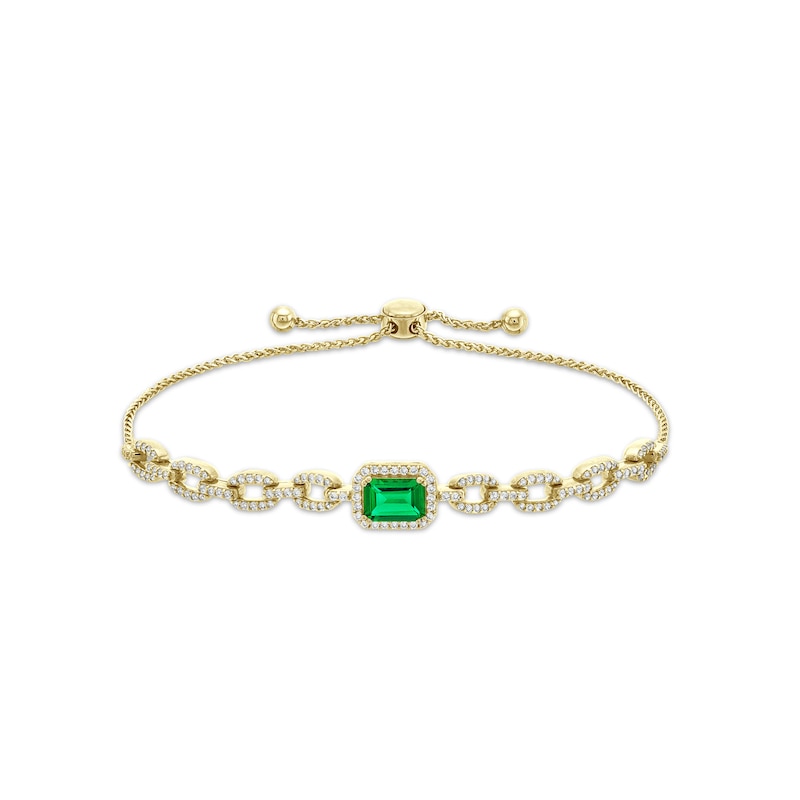 Lab-Created Emerald and White Lab-Created Sapphire Link Bolo Bracelet in Sterling Silver with 18K Gold Plate - 9.0"