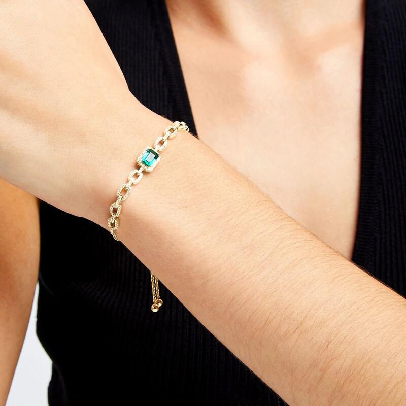 Lab-Created Emerald and White Lab-Created Sapphire Link Bolo Bracelet in Sterling Silver with 18K Gold Plate - 9.0"