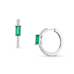 Baguette-Cut Lab-Created Emerald and White Lab-Created Sapphire Huggie Hoop Earrings in Sterling Silver
