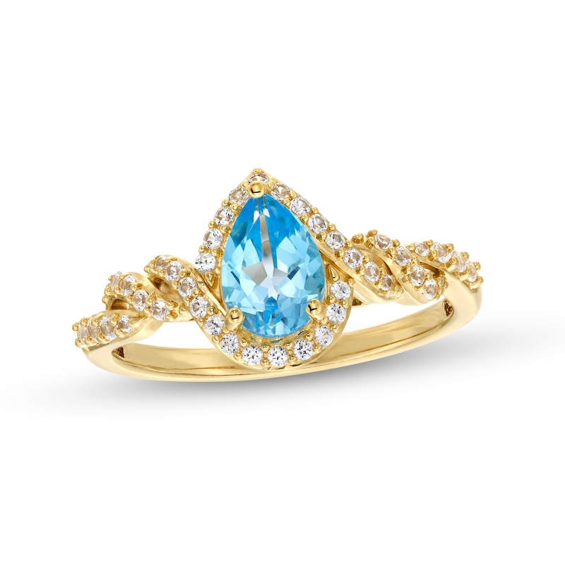 Main Image 1 of Pear-Shaped Blue Topaz and White Lab-Created Sapphire Cascading Frame Ring in Sterling Silver with 14K Gold Plate - Size 7