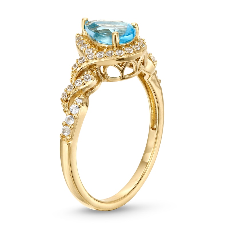 Main Image 3 of Pear-Shaped Blue Topaz and White Lab-Created Sapphire Cascading Frame Ring in Sterling Silver with 14K Gold Plate - Size 7