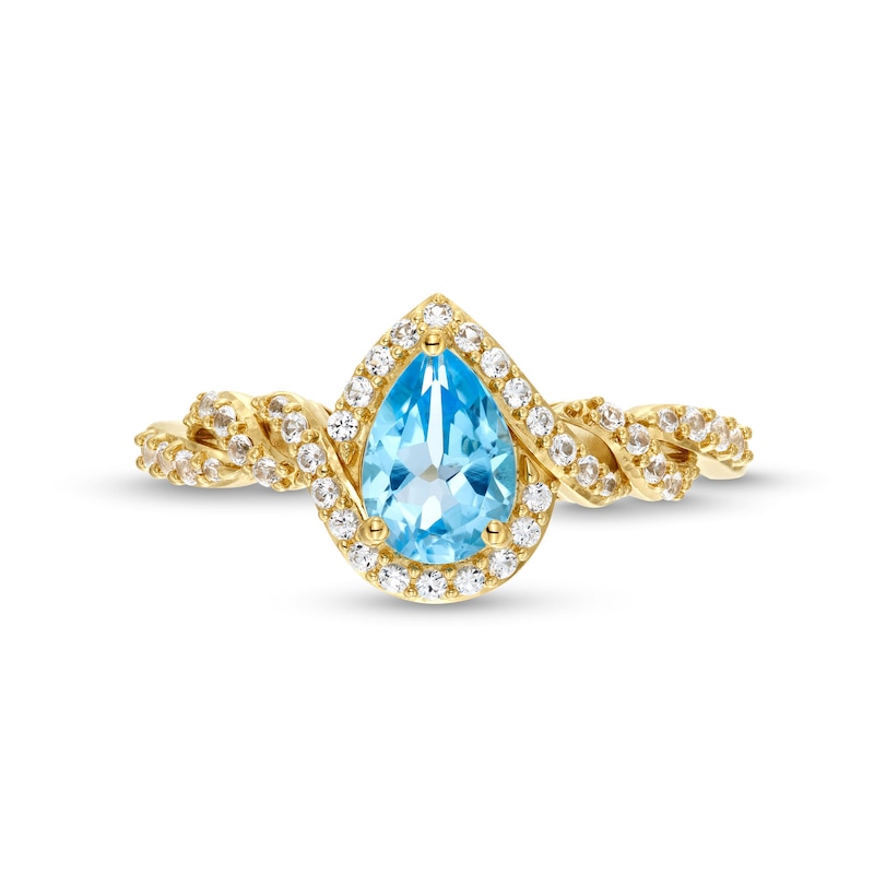 Main Image 4 of Pear-Shaped Blue Topaz and White Lab-Created Sapphire Cascading Frame Ring in Sterling Silver with 14K Gold Plate - Size 7
