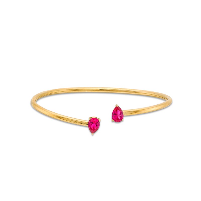 Pear-Shaped Lab-Created Ruby Open Bangle in 10K Gold - 6.75"