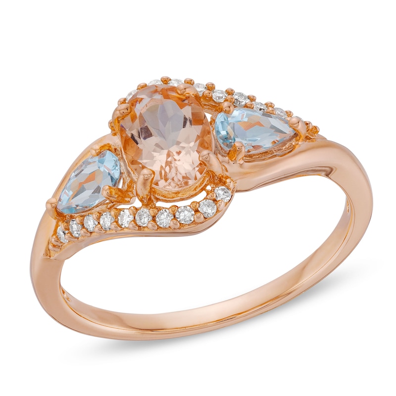 Oval Morganite, Pear-Shaped Aquamarine and 1/10 CT. T.W. Diamond Bypass Three Stone Ring in 10K Rose Gold