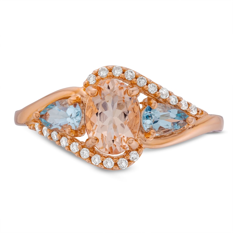 Oval Morganite, Pear-Shaped Aquamarine and 1/10 CT. T.W. Diamond Bypass Three Stone Ring in 10K Rose Gold