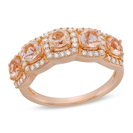 Morganite and 1/3 CT. T.W. Diamond Cushion Frame Five Stone Ring in Sterling Silver with 14K Rose Gold Plate - Size 7