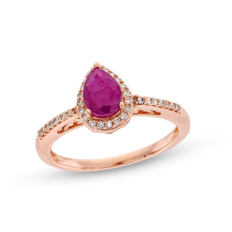 Main Image 1 of Pear-Shaped Certified Ruby and 1/5 CT. T.W. Diamond Teardrop Frame Ring in 10K Rose Gold