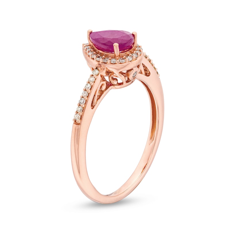 Main Image 3 of Pear-Shaped Certified Ruby and 1/5 CT. T.W. Diamond Teardrop Frame Ring in 10K Rose Gold