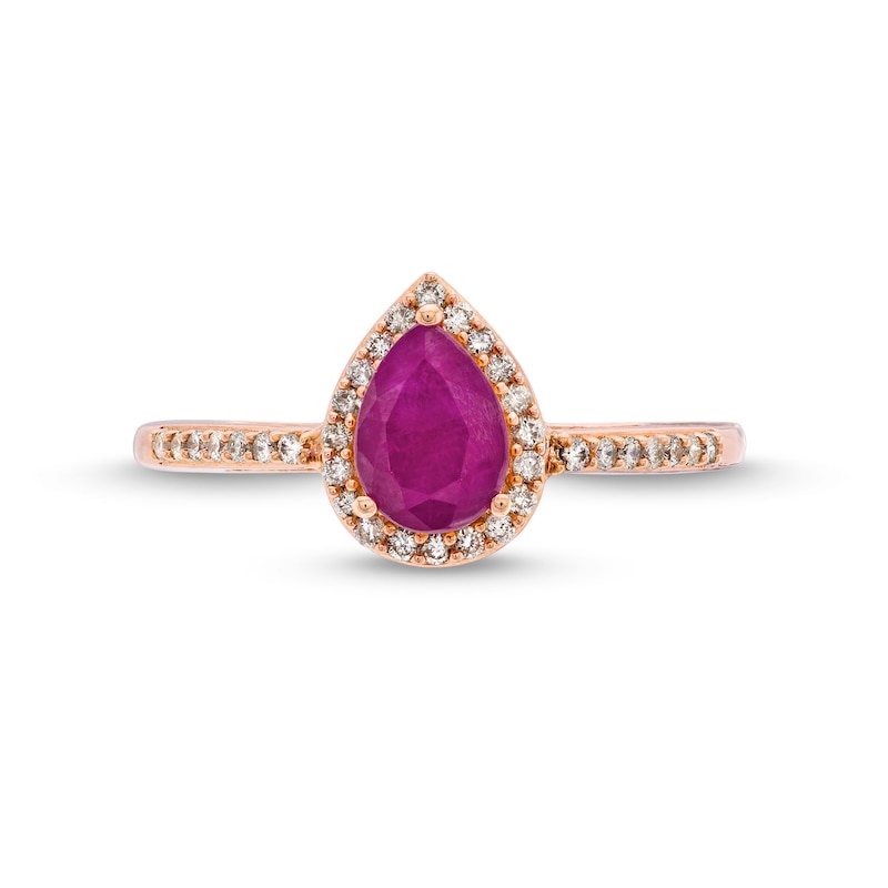 Main Image 4 of Pear-Shaped Certified Ruby and 1/5 CT. T.W. Diamond Teardrop Frame Ring in 10K Rose Gold
