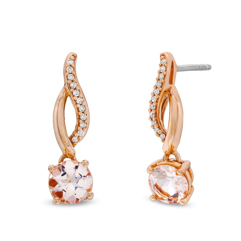 Main Image 1 of Morganite and 1/20 CT. T.W. Diamond Elongated Flame Drop Earrings in 10K Rose Gold