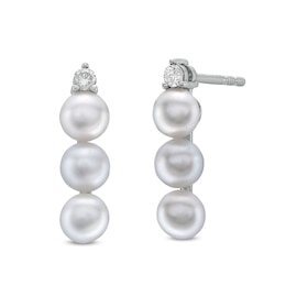 4.0mm Button Cultured Freshwater Pearl and 1/15 CT. T.W. Diamond Linear Three Stone Drop Earrings in Sterling Silver